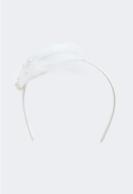 Faux Feather and Pearls Embellished Headband