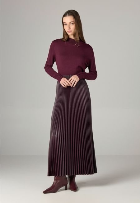 Pleated PU Leather Solid Skirt