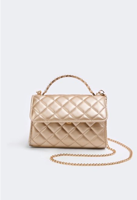 Faux Pearls Handle Quilted Handbag