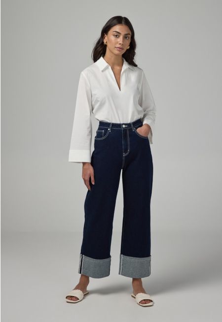 Folded Hem Wide Leg Denim Trousers