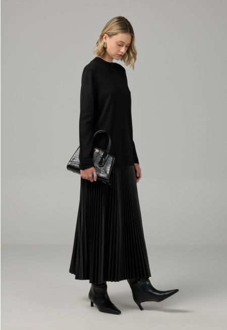 Pleated PU Leather Solid Skirt