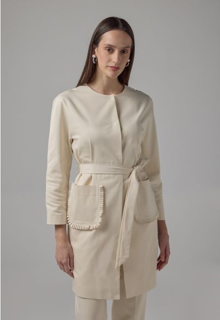 Solid Front Pockets Belted Jacket