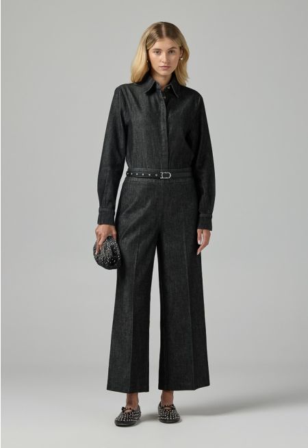 Solid Wide Leg Denim Trousers