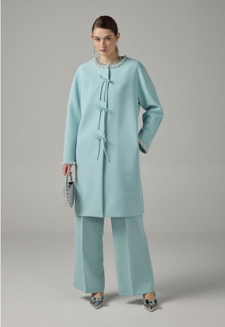 Bow-Detail Crystal Embellished Midi Jacket