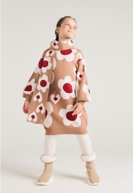 Floral Dress with Scarf (2PCS)