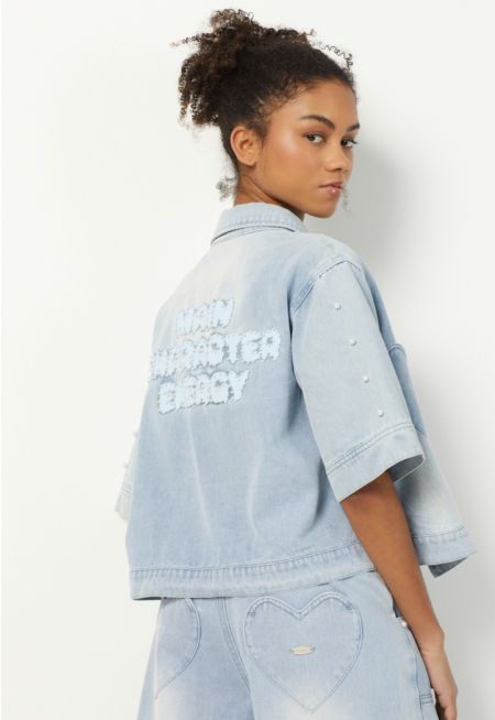 Faux Pearls Embellished Denim Jacket