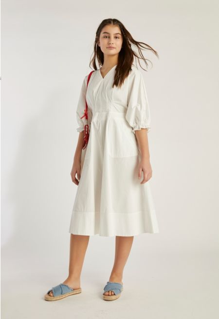 Flared V-Neck Solid Dress