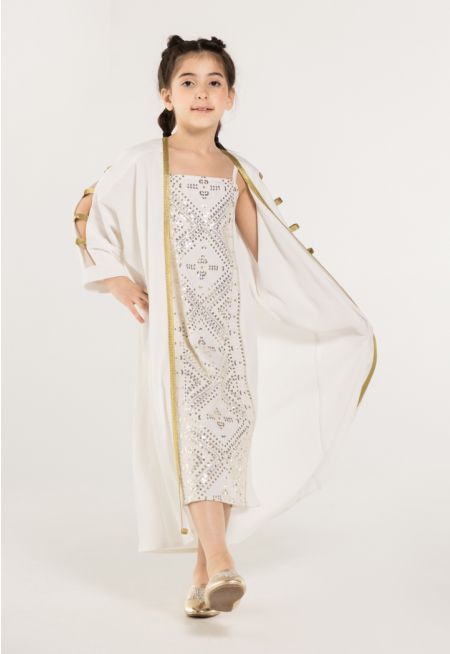 Sequin And Lace Embellished Dress And Abaya Set (2 PCS)
