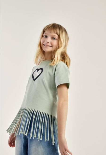 Crystal Heart Fringes T Shirt