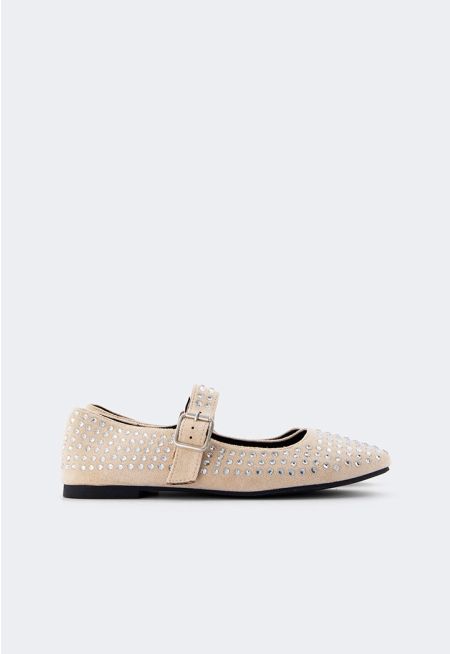 Suede Crystal Embellished Ballerinas