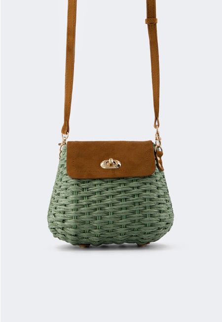 Suede Details Faux Straw Crossbody Bag