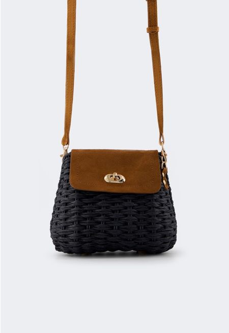 Suede Details Faux Straw Crossbody Bag