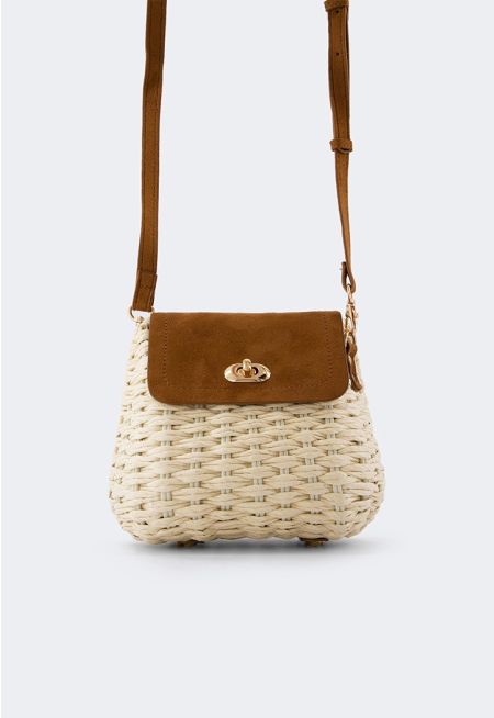 Suede Details Faux Straw Crossbody Bag