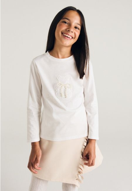 Faux Pearls Embellished T Shirt