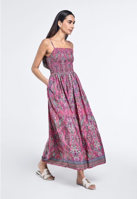  Smocked Printed Flared Dress