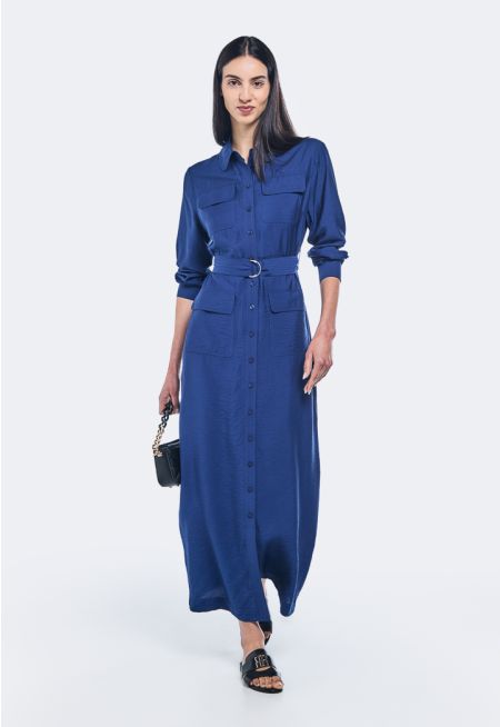 Crinkled Multi-Pockets Shirt Dress
