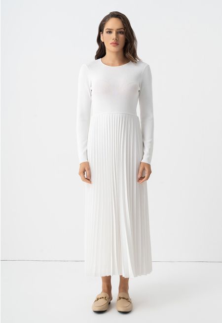 Pleated Solid Long Sleeve Dress