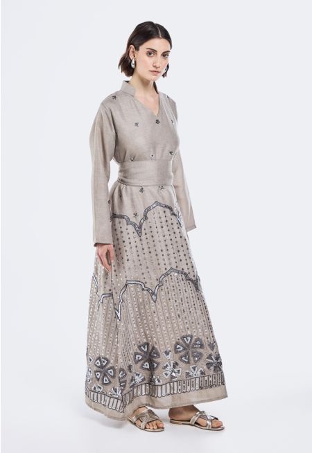 Embroidered V-Neck Belted Dress