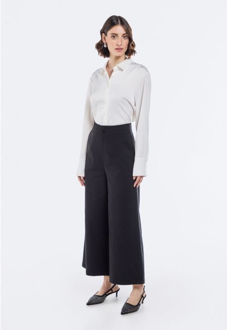 Solid Wide Leg Trouser With Button Waistband