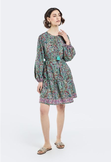 Printed Belted Midi Dress