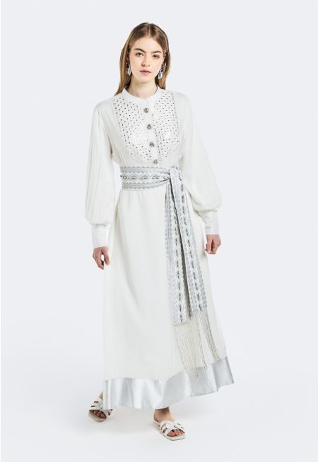 Metallic Foil Hem Embroidered Dress