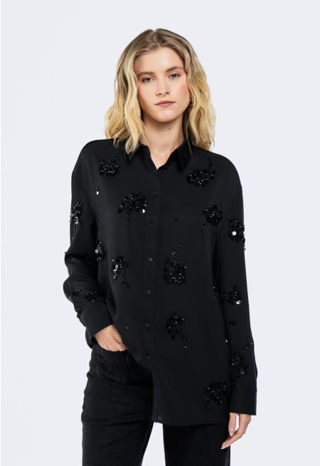 Textured Floral Sequin Embellished Shirt