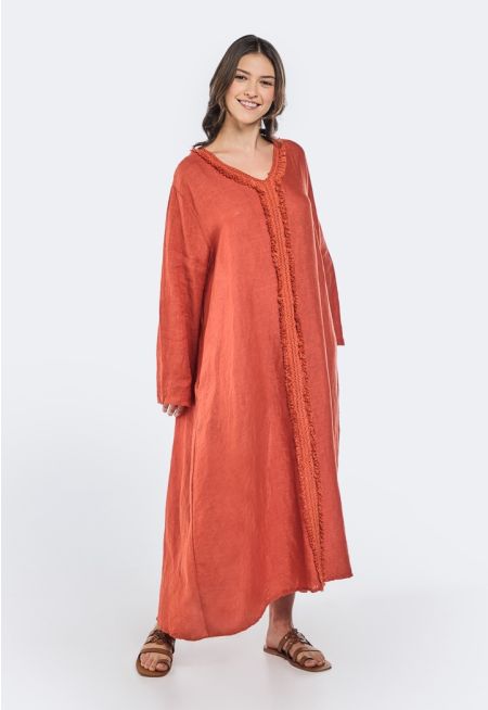 Solid Lace Frayed Linen Dress