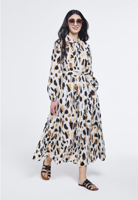 Cow Print Belted Shirt Dress