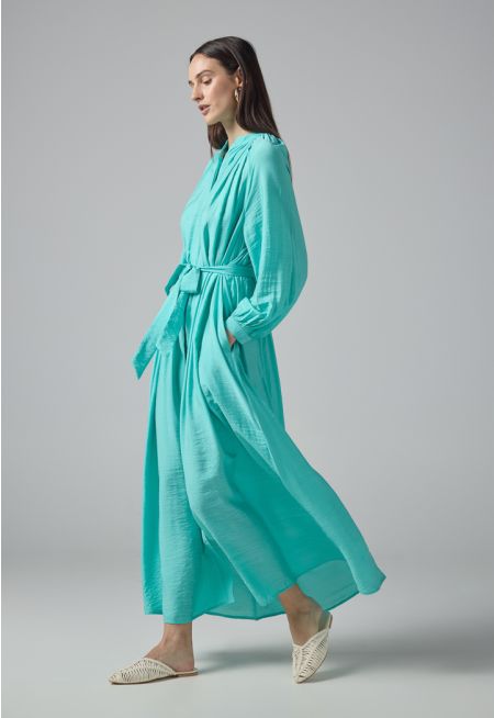 Solid Crinkled Belted Maxi Dress