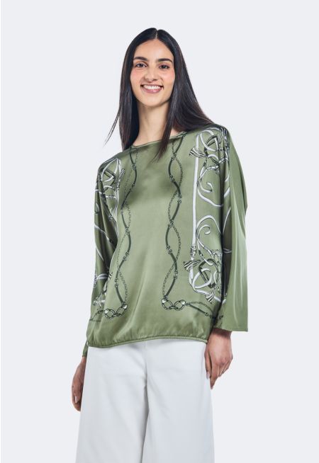 Belt Print Kimono Sleeves Blouse