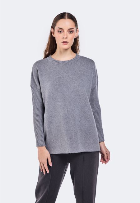 Solid Ribbed Sleeve Sweater