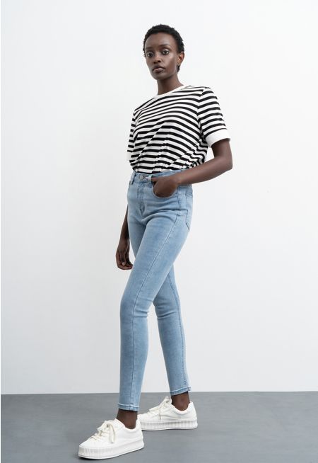 Solid Denim Pants With Back Pockets