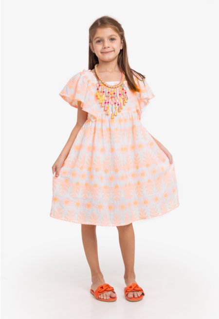 Contrast Embroidered Ruffle Sleeves Dress