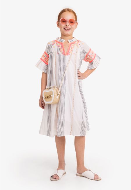 Embroidered Striped V-Neck Dress