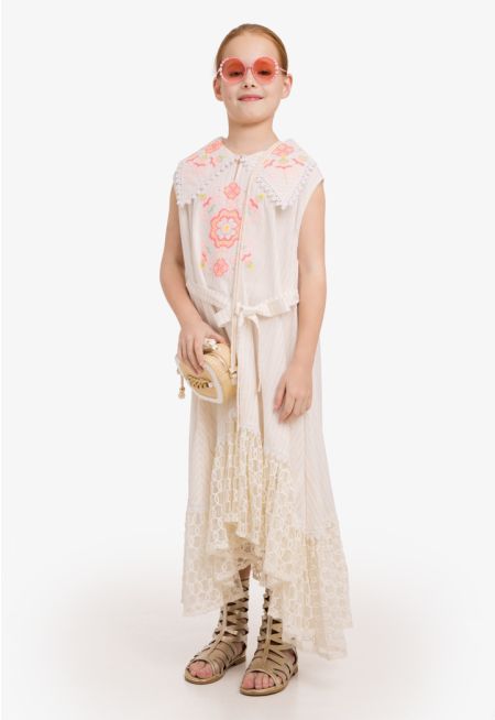 High-Low Embroidered Striped Dress