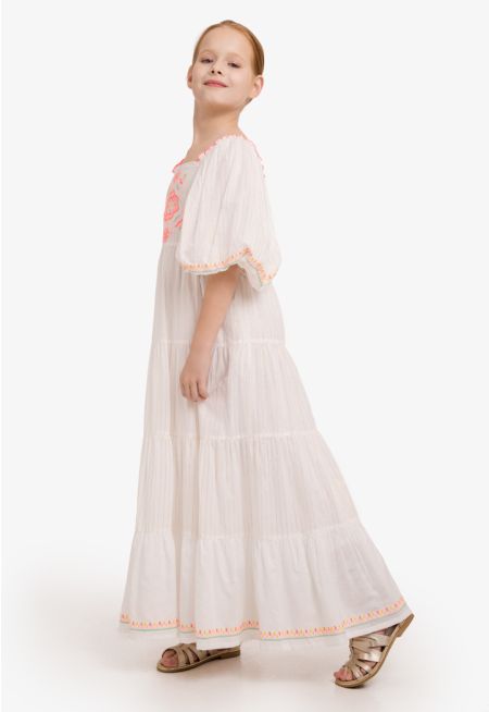 Puff Sleeves Tiered Embroidered Dress 