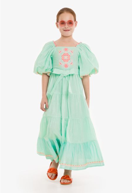 Puff Sleeves Tiered Embroidered Dress 