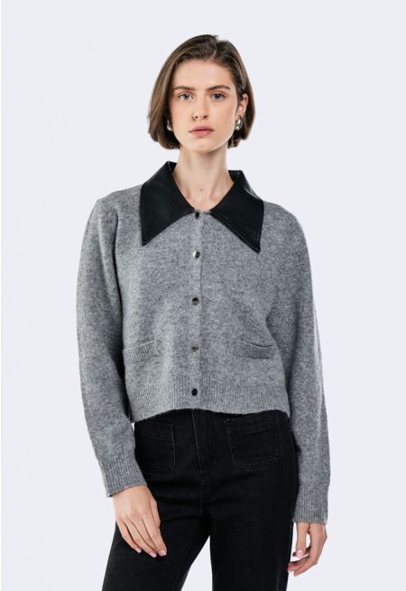 PU Leather Collar Cardigan