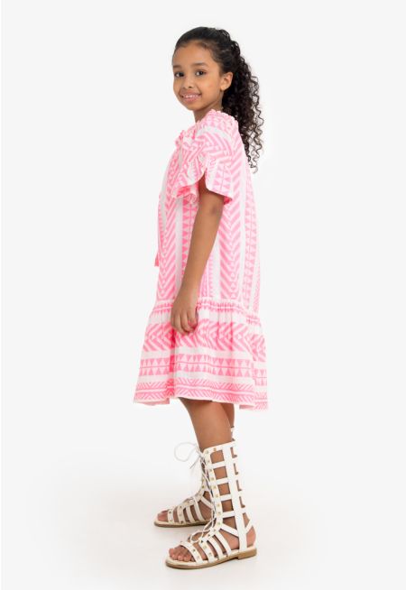 Printed Short-Sleeved Ruffled Dress