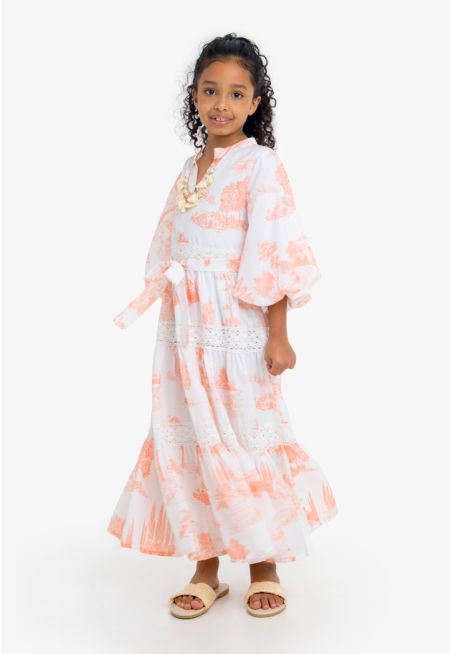 Printed Lace Balloon Sleeves V-Neck Dress