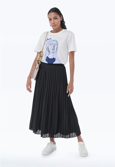 All Over Pleated Lined Ribbed Waist Skirt