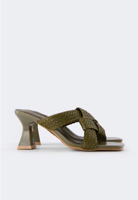 Intricate Faux Straw Heeled Sandals