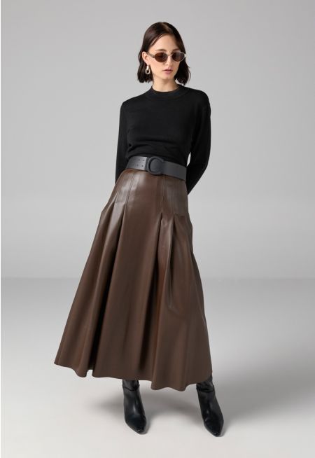 PU Leather Flared Skirt