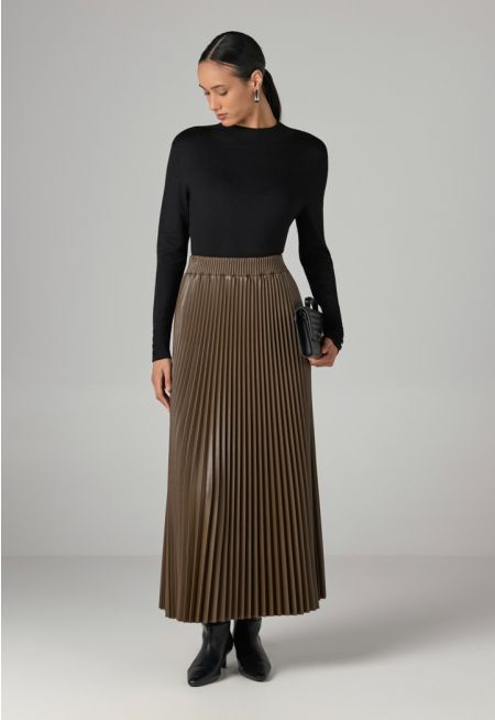 Pleated PU Leather Solid Skirt