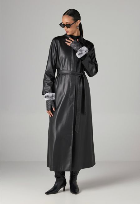 PU Leather Belted Trench Coat