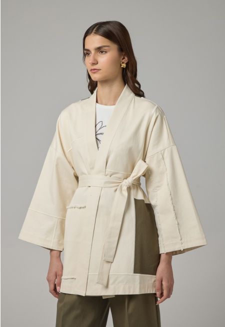 Contrast Belted Denim Kimono