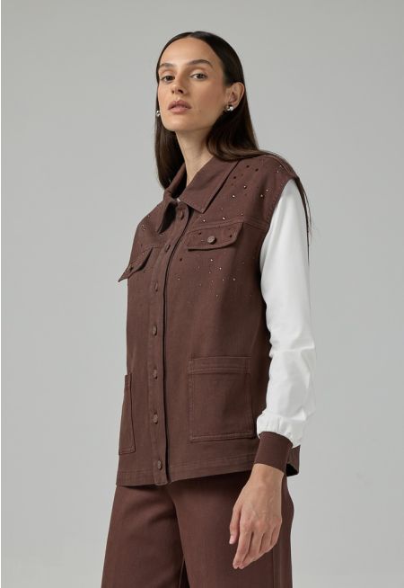 Solid Crystal Embellished Denim Vest