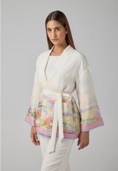 Printed Front Pockets Belted Kimono 