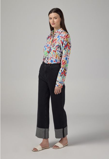 Folded Hem Wide Leg Denim Trousers