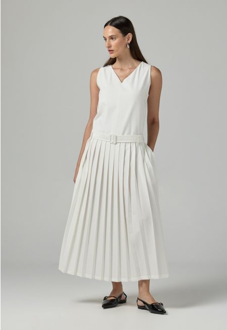 Sleeveless Pleated Solid Dress